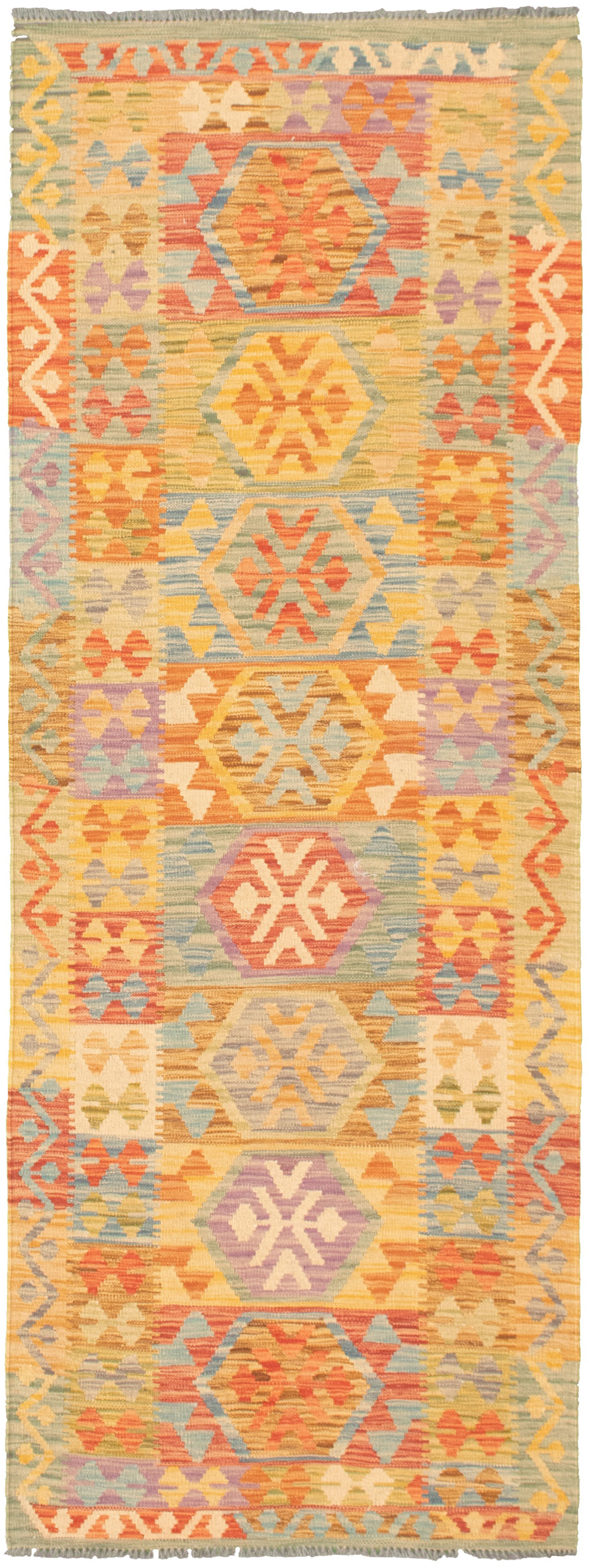 Hand woven Bold and Colorful  Light Yellow  Kilim 2'10" x 8'0" Size: 2'10" x 8'0"  