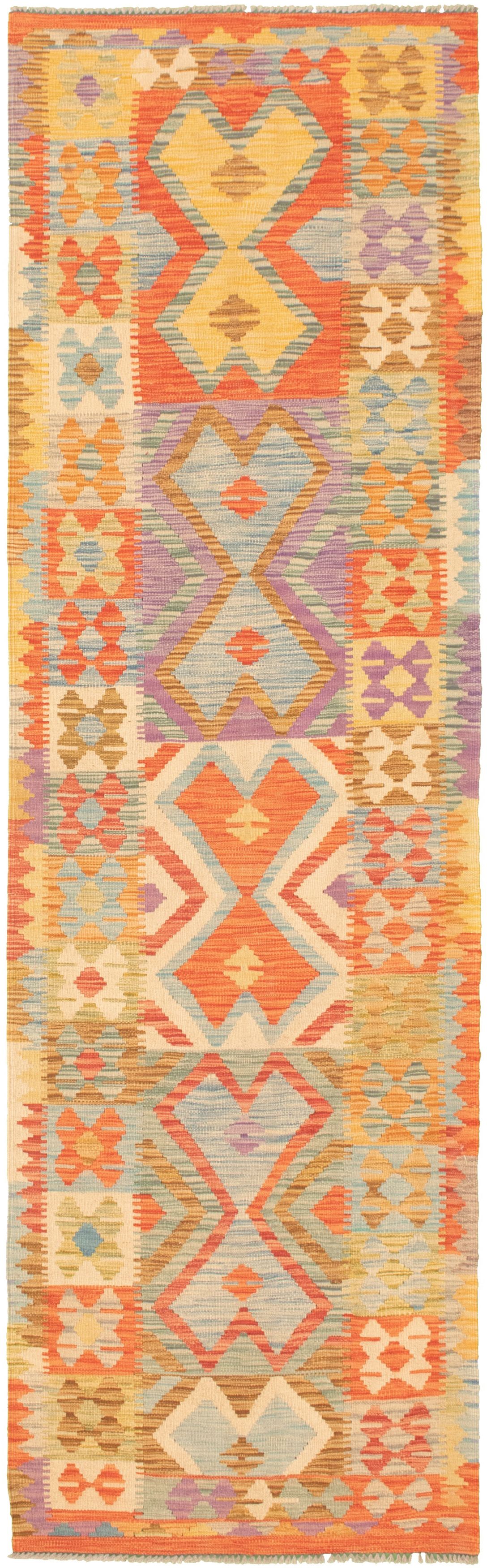 Hand woven Bold and Colorful  Red  Kilim 2'11" x 9'9" Size: 2'11" x 9'9"  