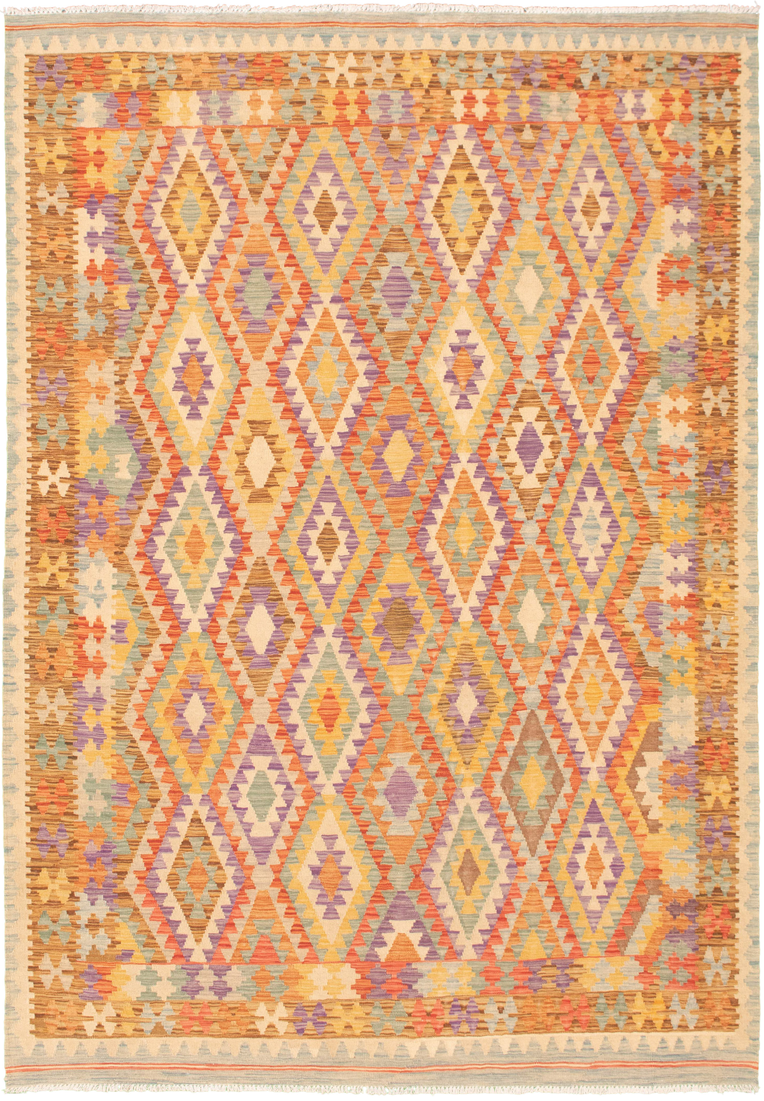 Hand woven Bold and Colorful  Brown, Cream  Kilim 6'9" x 10'0" Size: 6'9" x 10'0"  