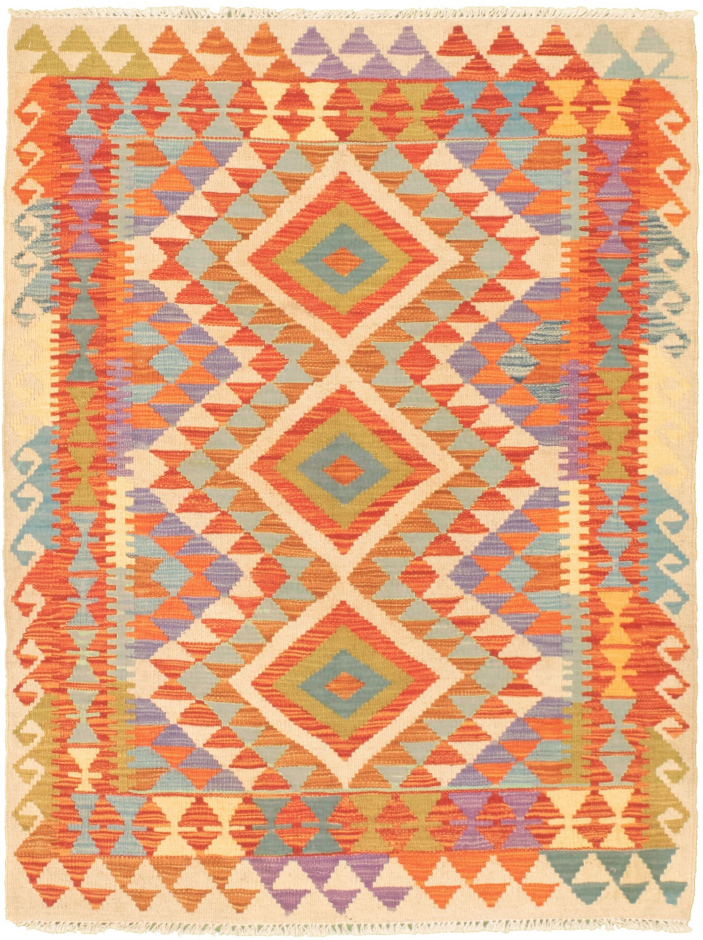 Hand woven Bold and Colorful  Cream, Red  Kilim 3'6" x 4'8" Size: 3'6" x 4'8"  