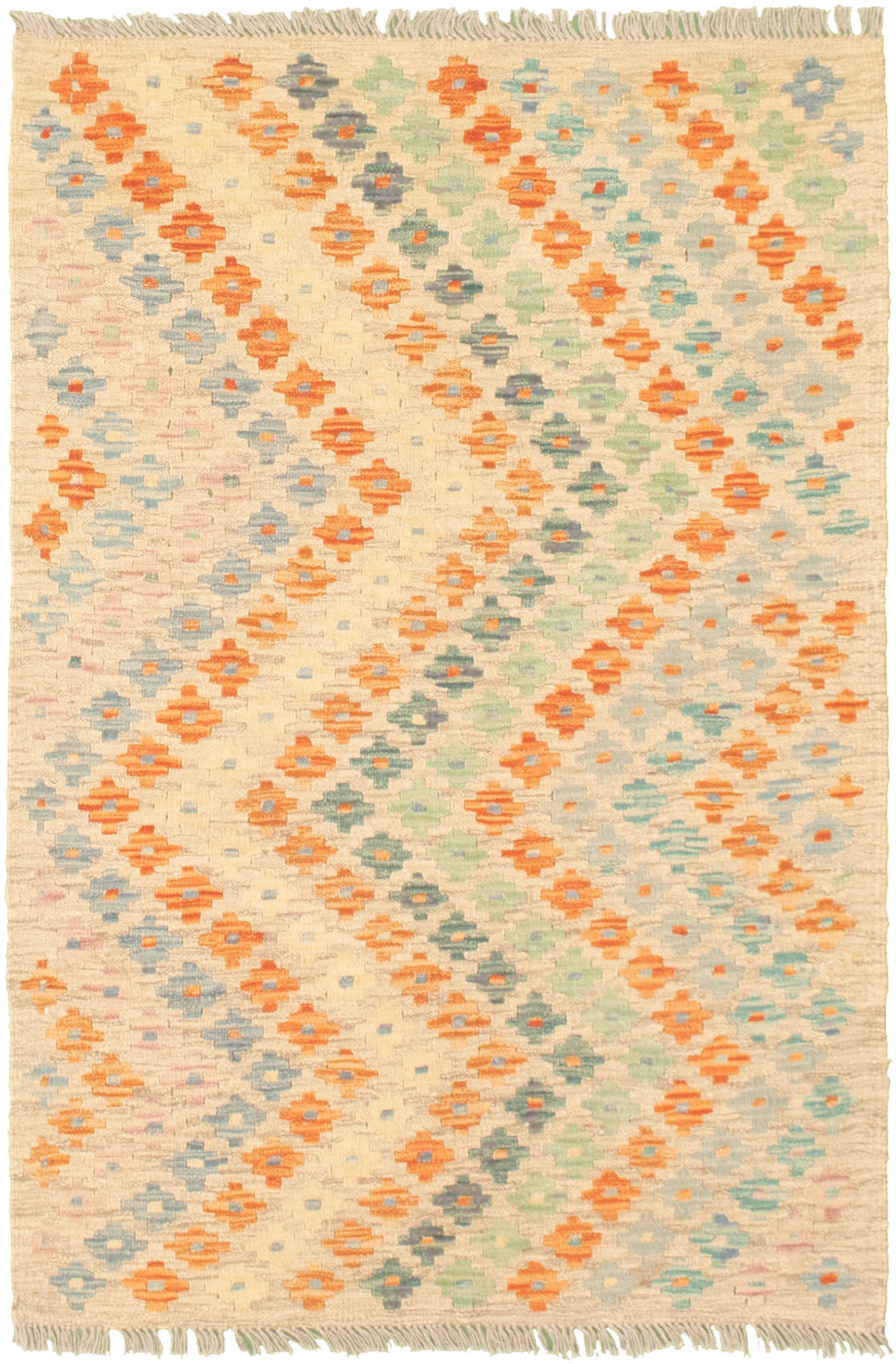 Hand woven Bold and Colorful  Light Grey  Kilim 3'3" x 4'11" Size: 3'3" x 4'11"  