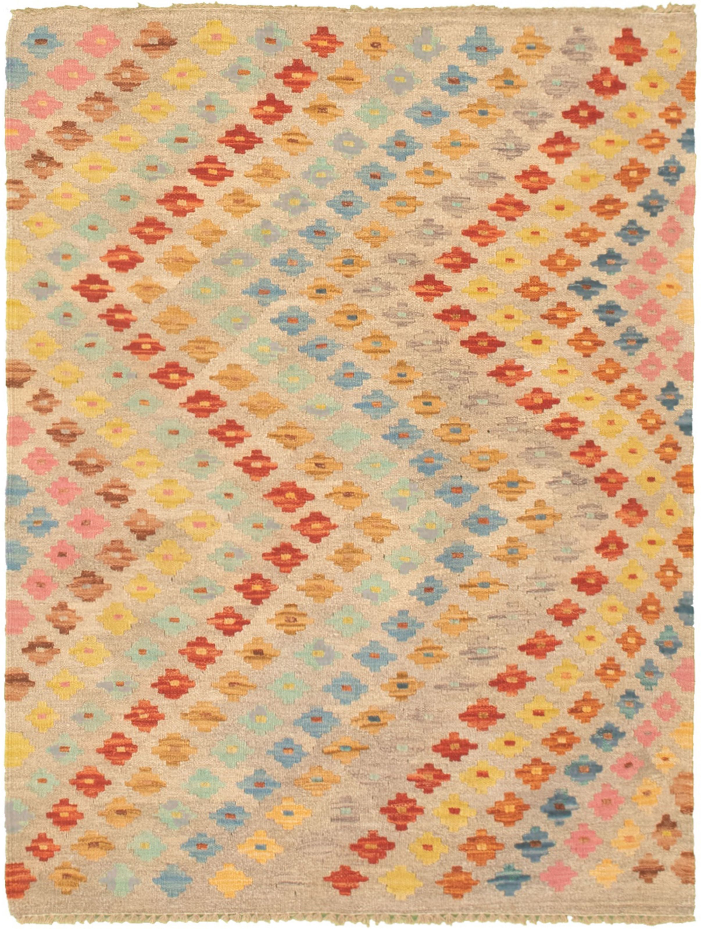 Hand woven Bold and Colorful  Light Grey  Kilim 3'5" x 4'8" Size: 3'5" x 4'8"  