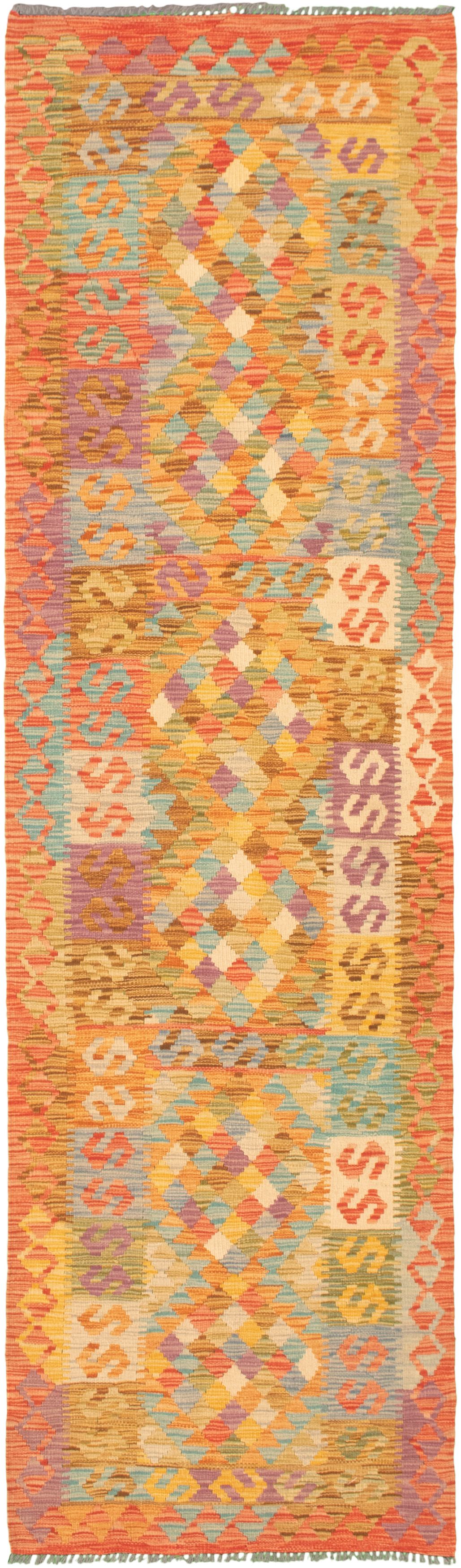 Hand woven Bold and Colorful  Red  Kilim 2'11" x 9'10" Size: 2'11" x 9'11"  