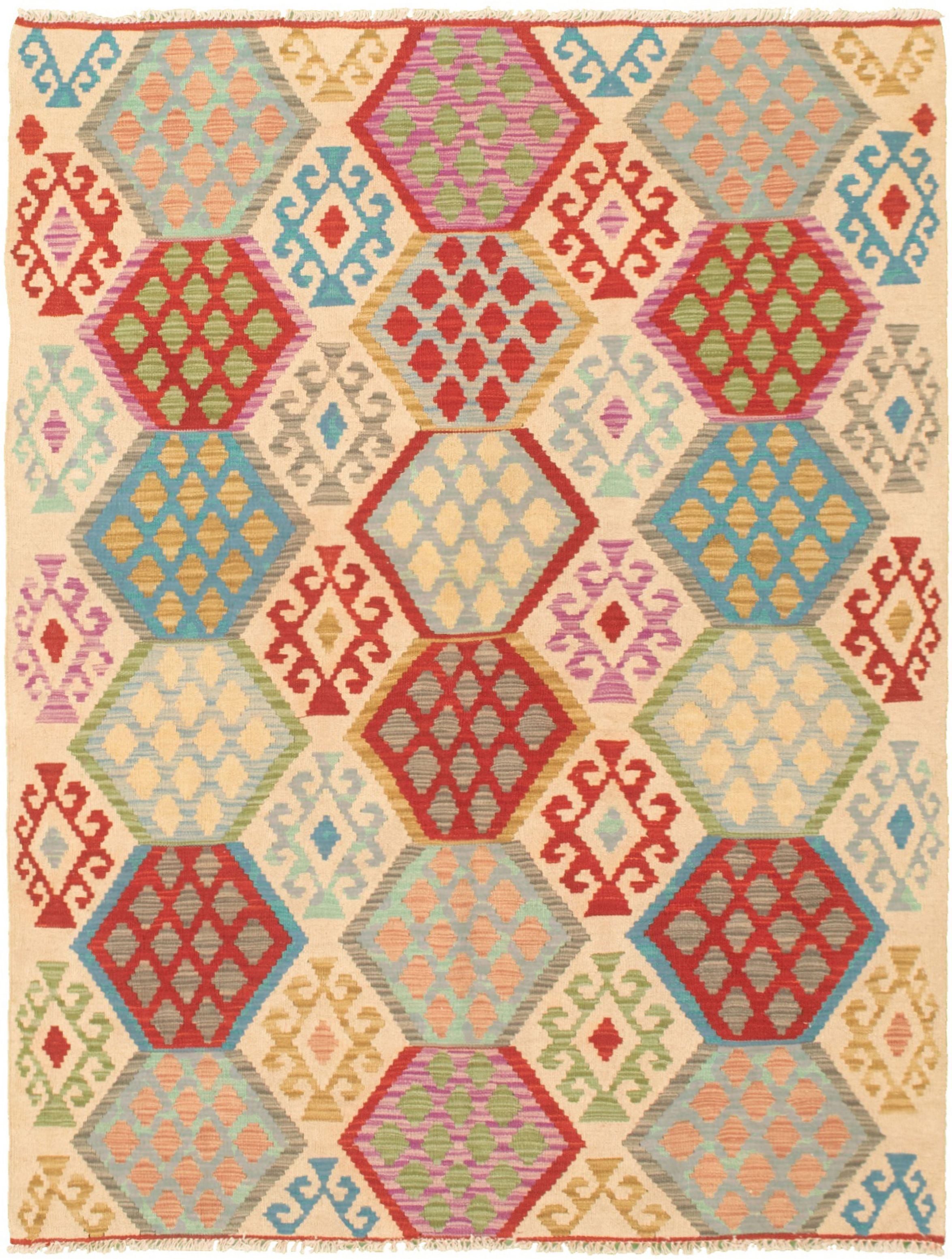 Hand woven Bold and Colorful  Cream  Kilim 5'0" x 6'8" Size: 5'0" x 6'8"  