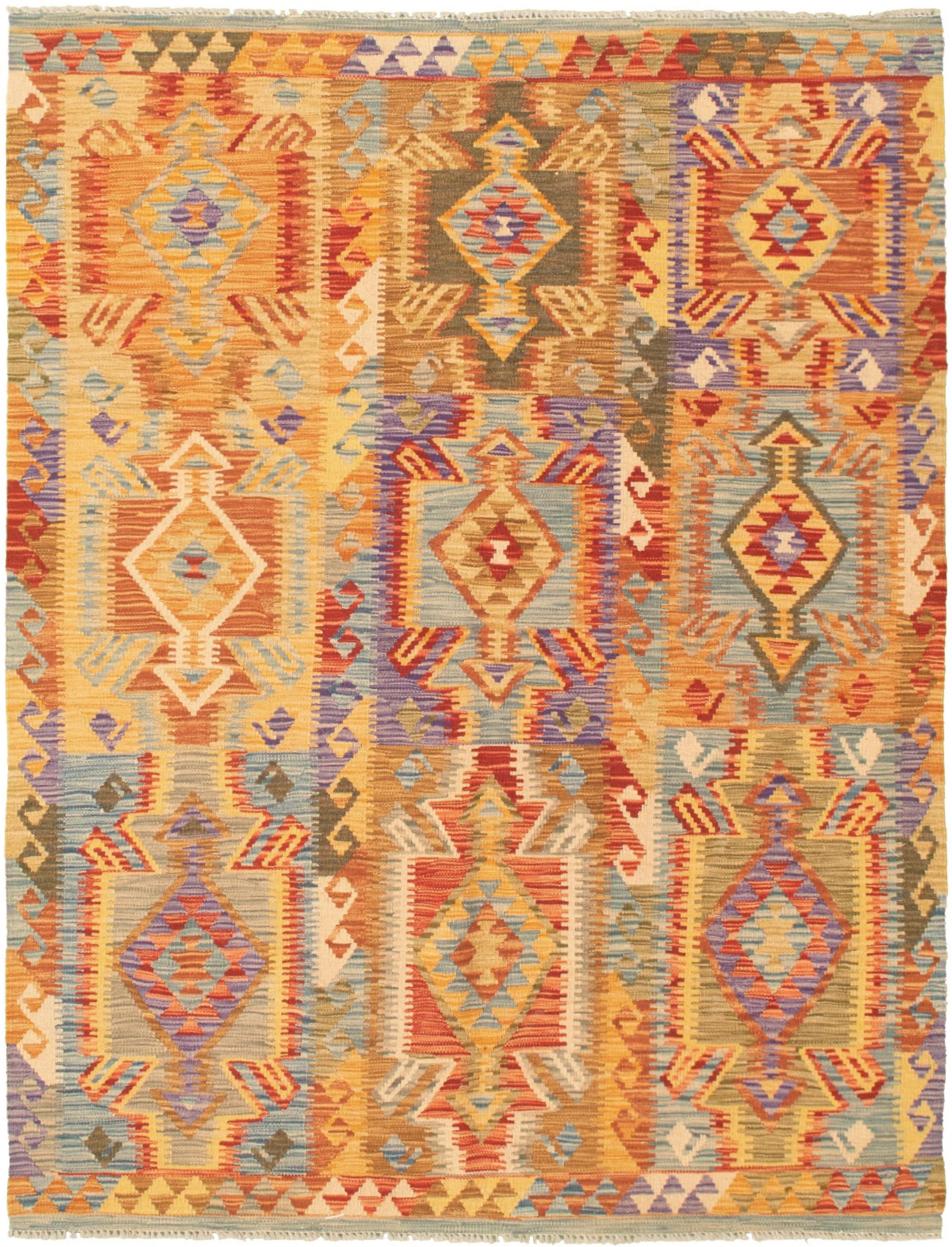 Hand woven Bold and Colorful  Copper, Red  Kilim 5'1" x 6'8" Size: 5'1" x 6'8"  