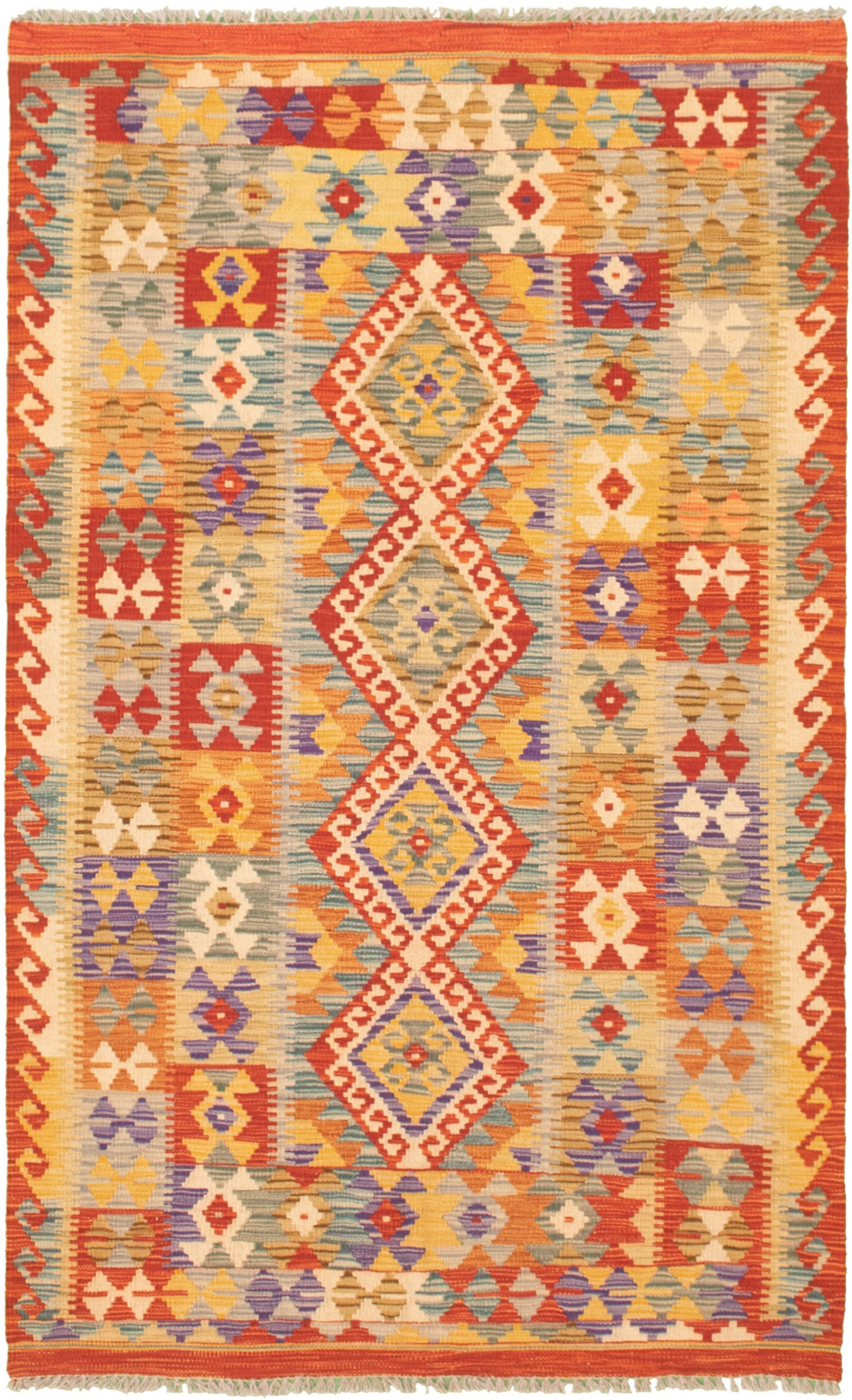 Hand woven Bold and Colorful  Cream, Red  Kilim 4'0" x 6'8" Size: 4'0" x 6'8"  