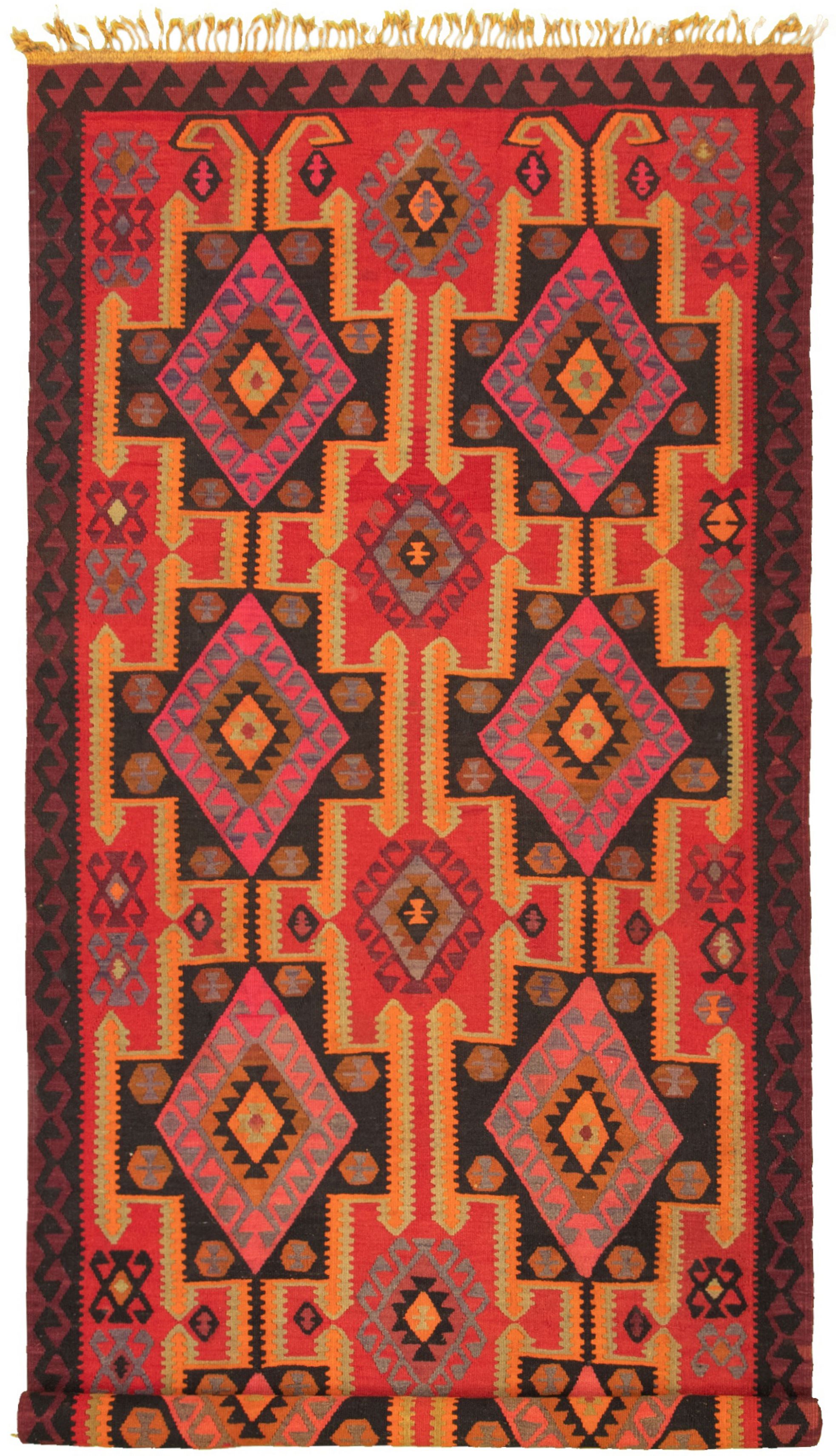 Hand woven Yoruk Dark Red Wool Kilim 5'7" x 13'3" Size: 5'7" x 13'3"  