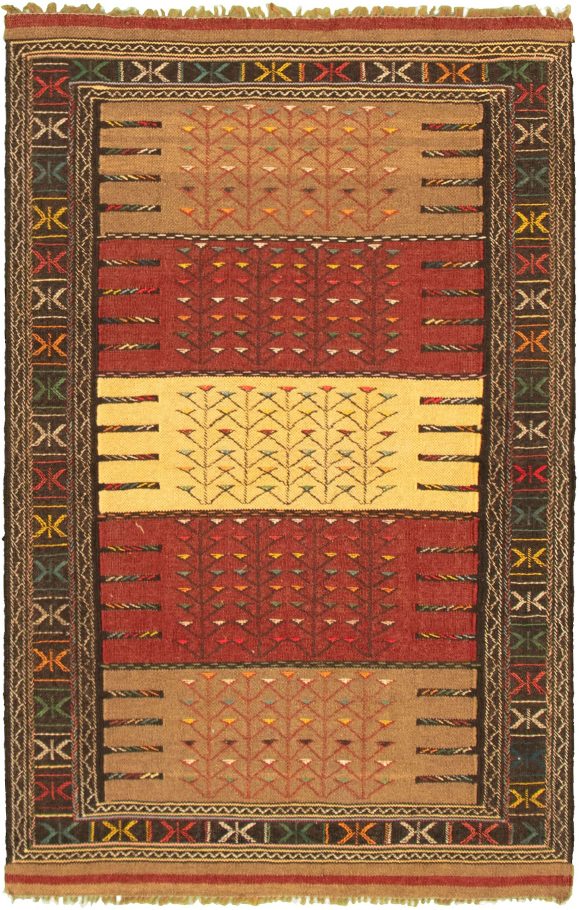 Hand woven Ottoman Natura Dark Red, Tan Wool Kilim 3'8" x 5'11" Size: 3'8" x 5'11"  