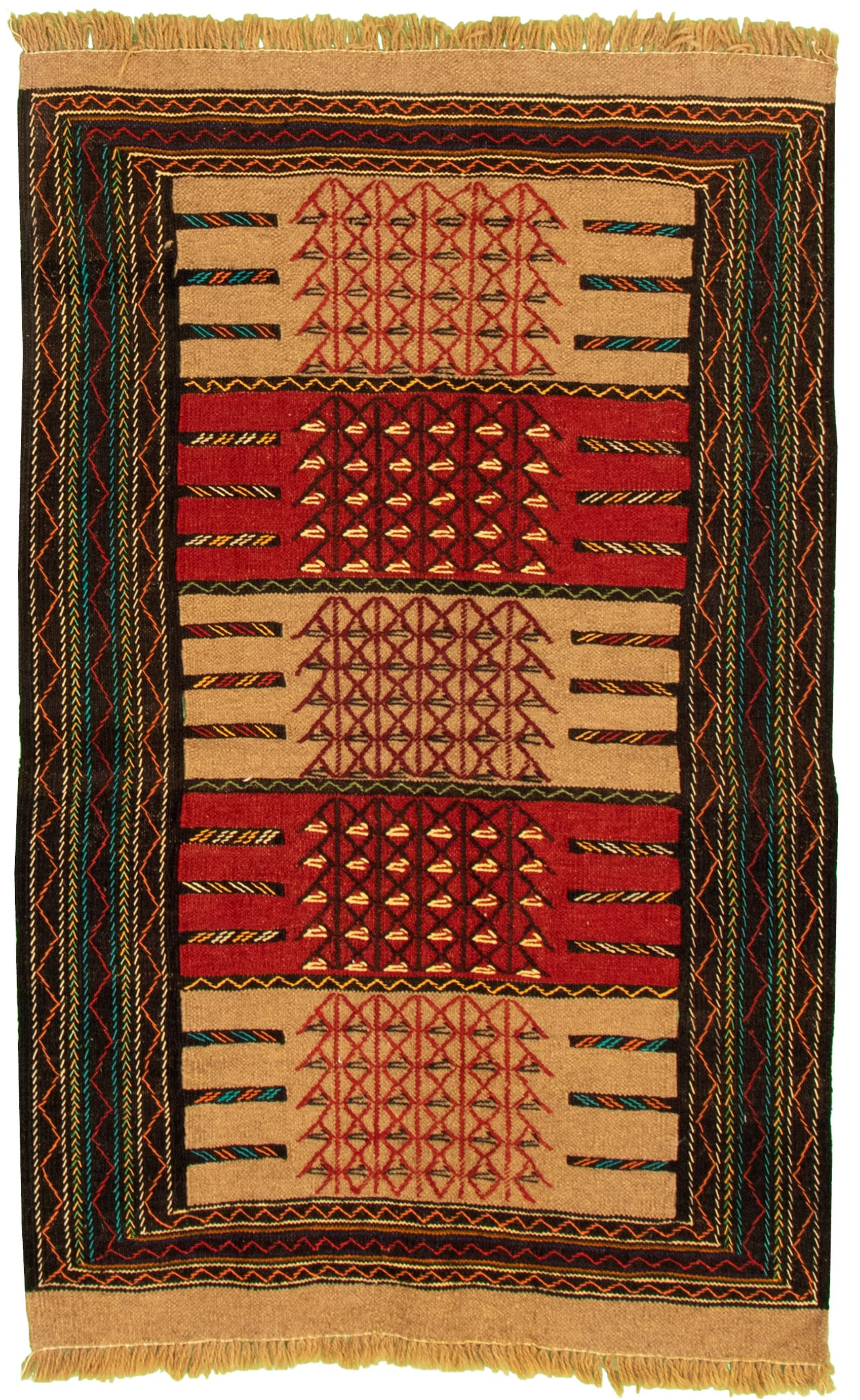Hand woven Ottoman Natura Red, Tan Wool Kilim 3'7" x 5'7"  Size: 3'7" x 5'7"  