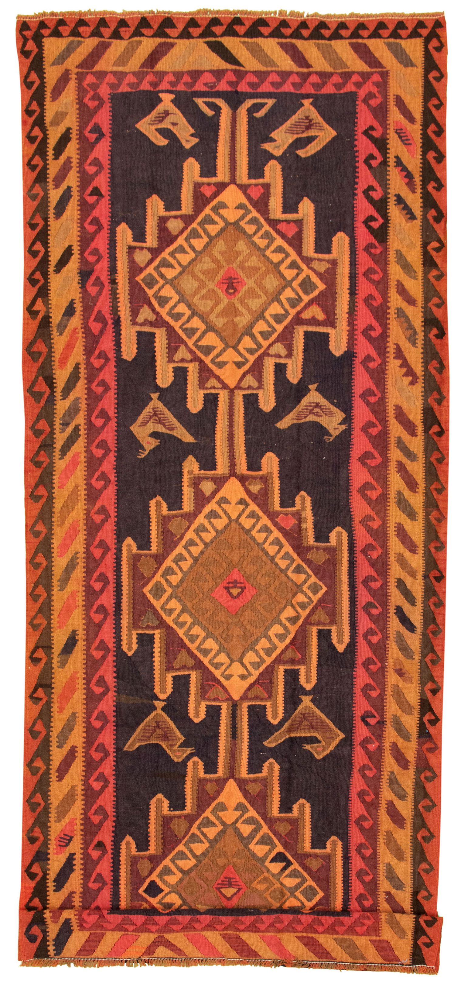 Hand woven Konya Black, Red Wool Kilim 5'1" x 12'6" Size: 5'1" x 12'6"  