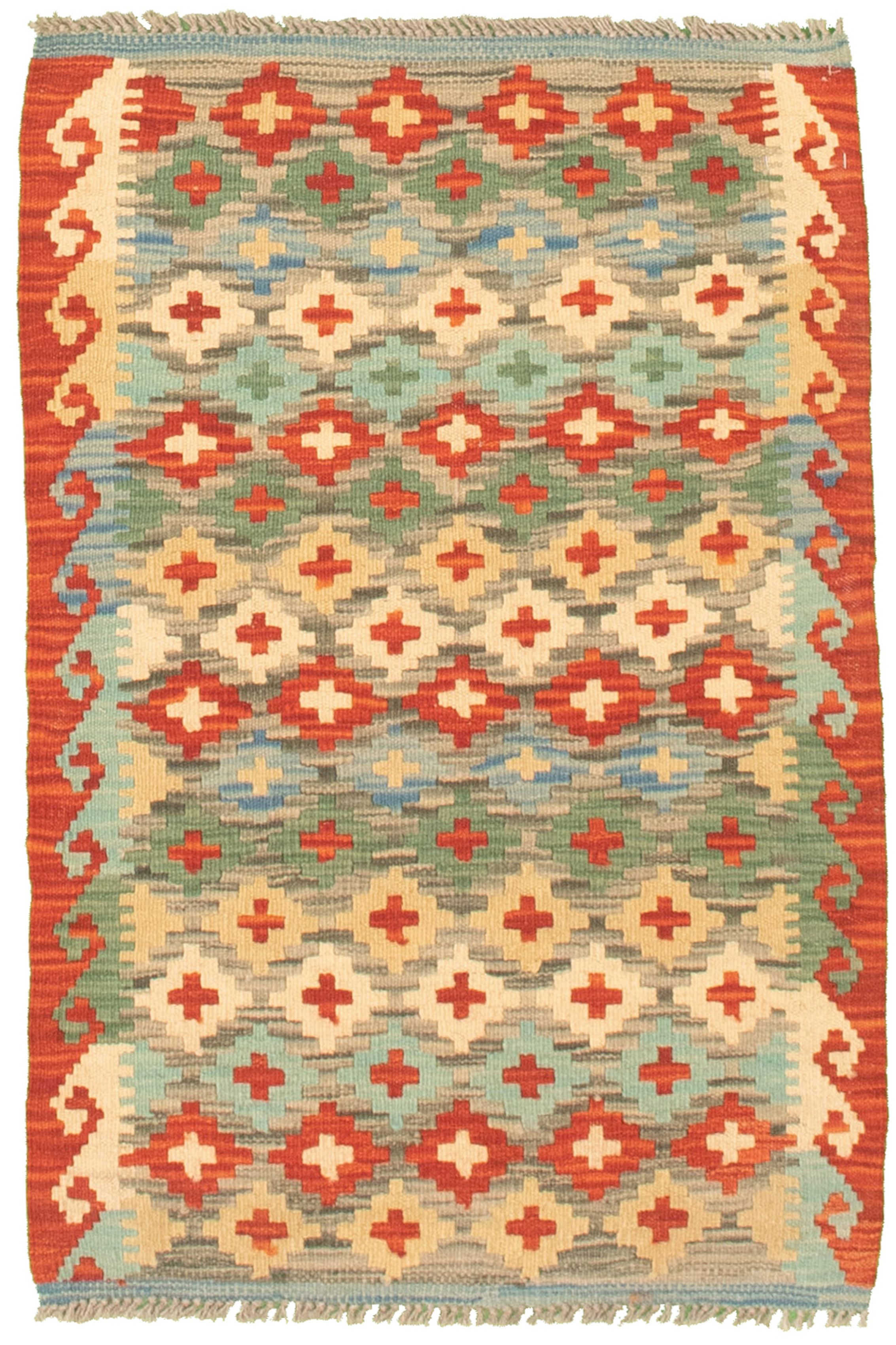 Hand woven Bold and Colorful  Cream, Green Cotton Kilim 2'2" x 3'4" Size: 2'2" x 3'4"  