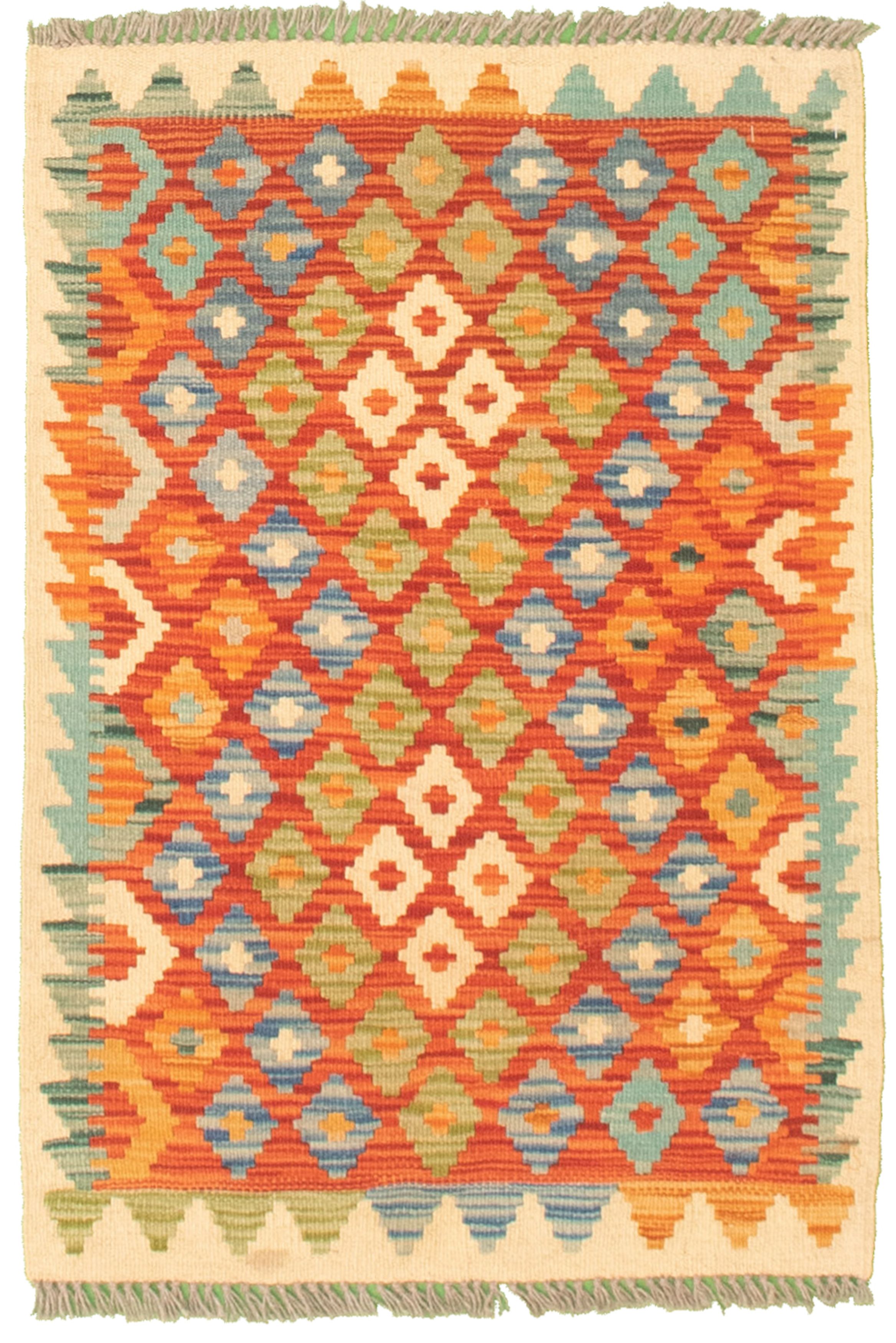 Hand woven Bold and Colorful  Cream, Red Cotton Kilim 2'0" x 3'0" Size: 2'0" x 3'0"  