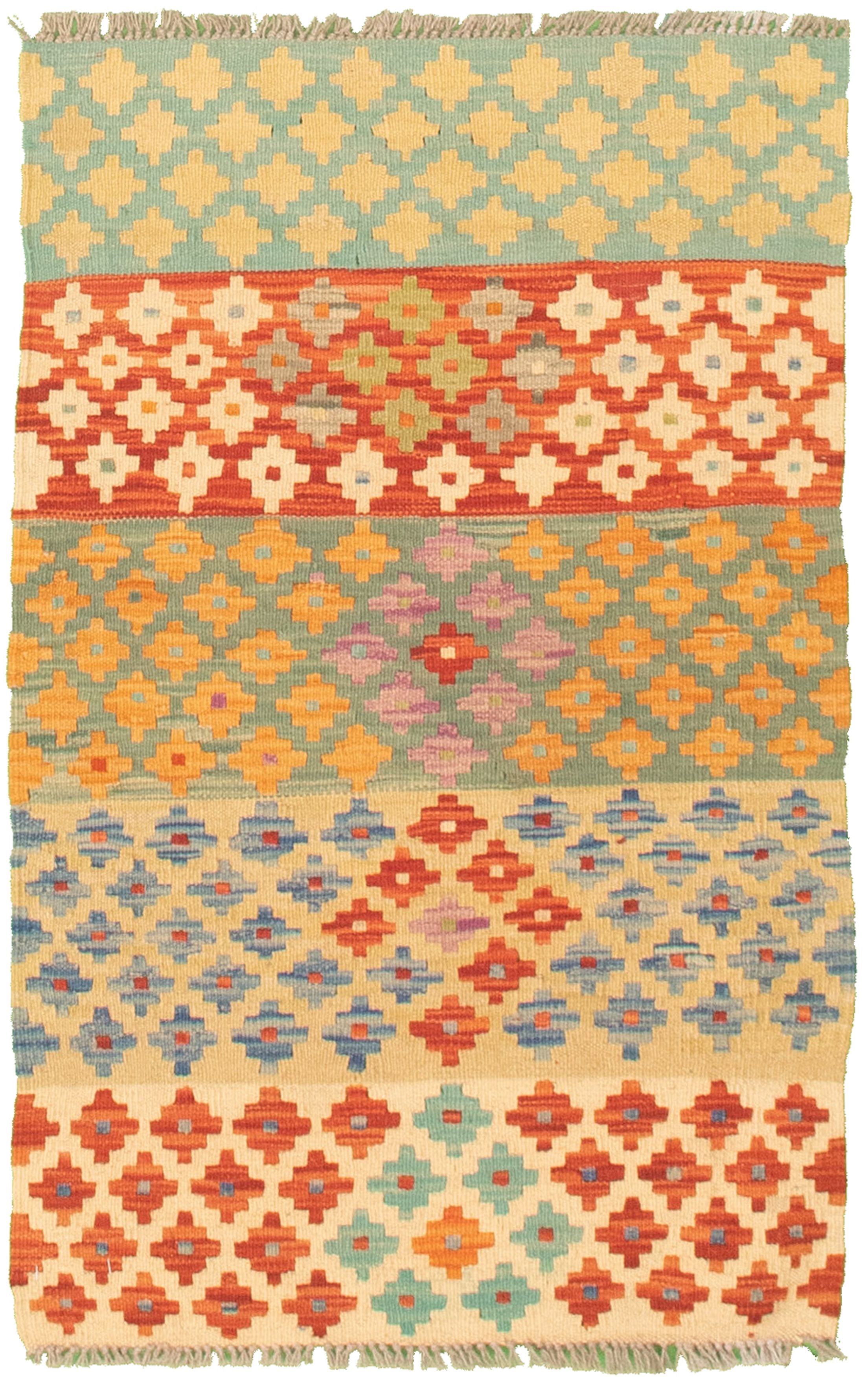 Hand woven Bold and Colorful  Cream, Red Cotton Kilim 2'1" x 3'5" Size: 2'1" x 3'5"  