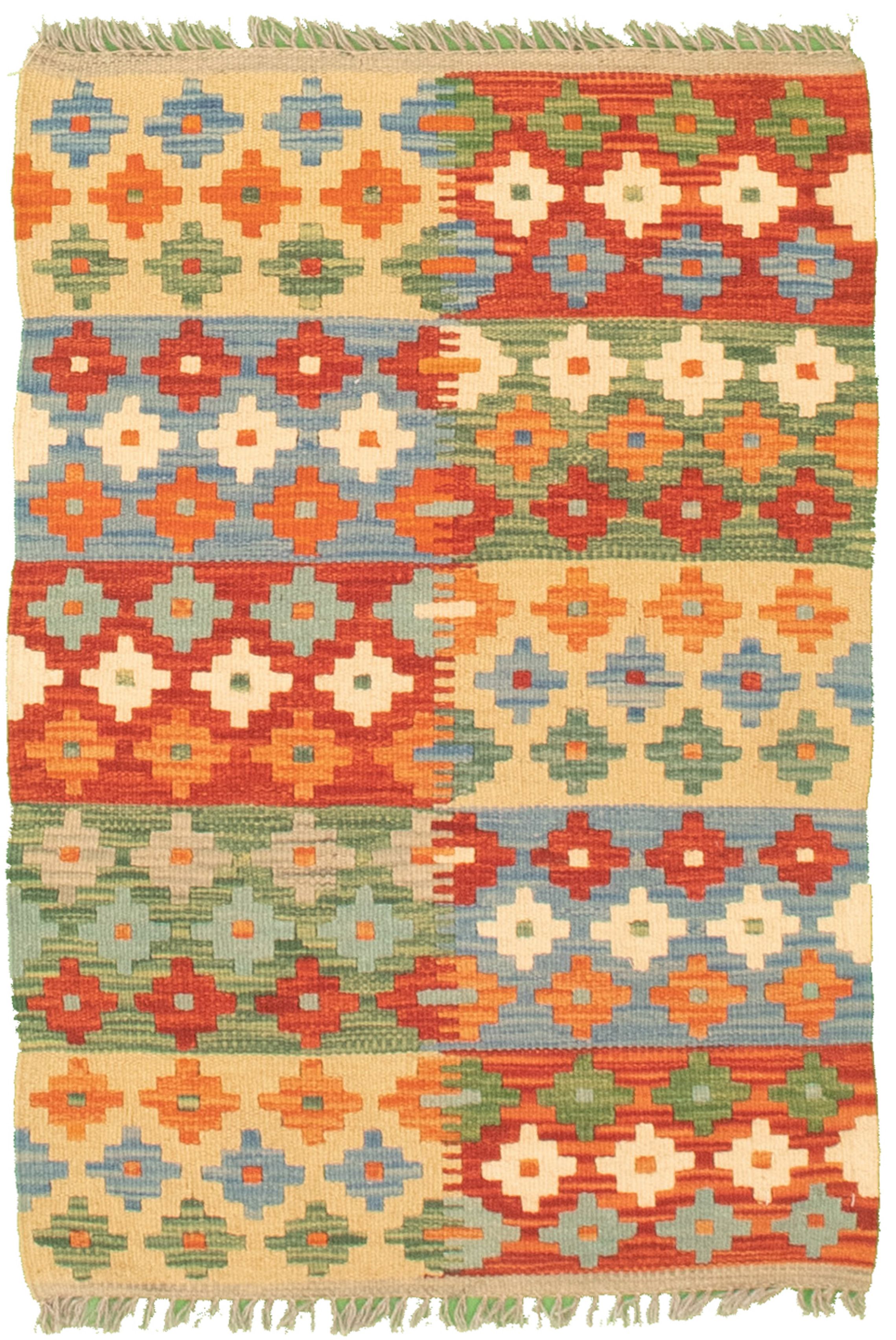 Hand woven Bold and Colorful  Cream, Red Cotton Kilim 2'0" x 3'1" Size: 2'0" x 3'1"  