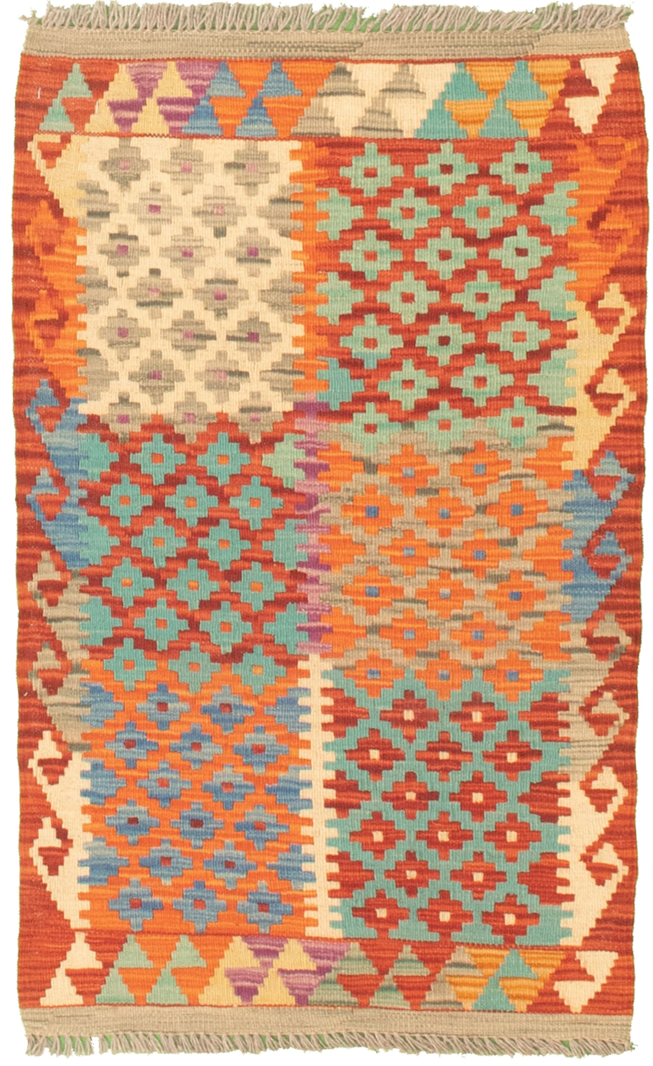 Hand woven Bold and Colorful  Cream, Red Cotton Kilim 2'0" x 3'2" Size: 2'0" x 3'2"  