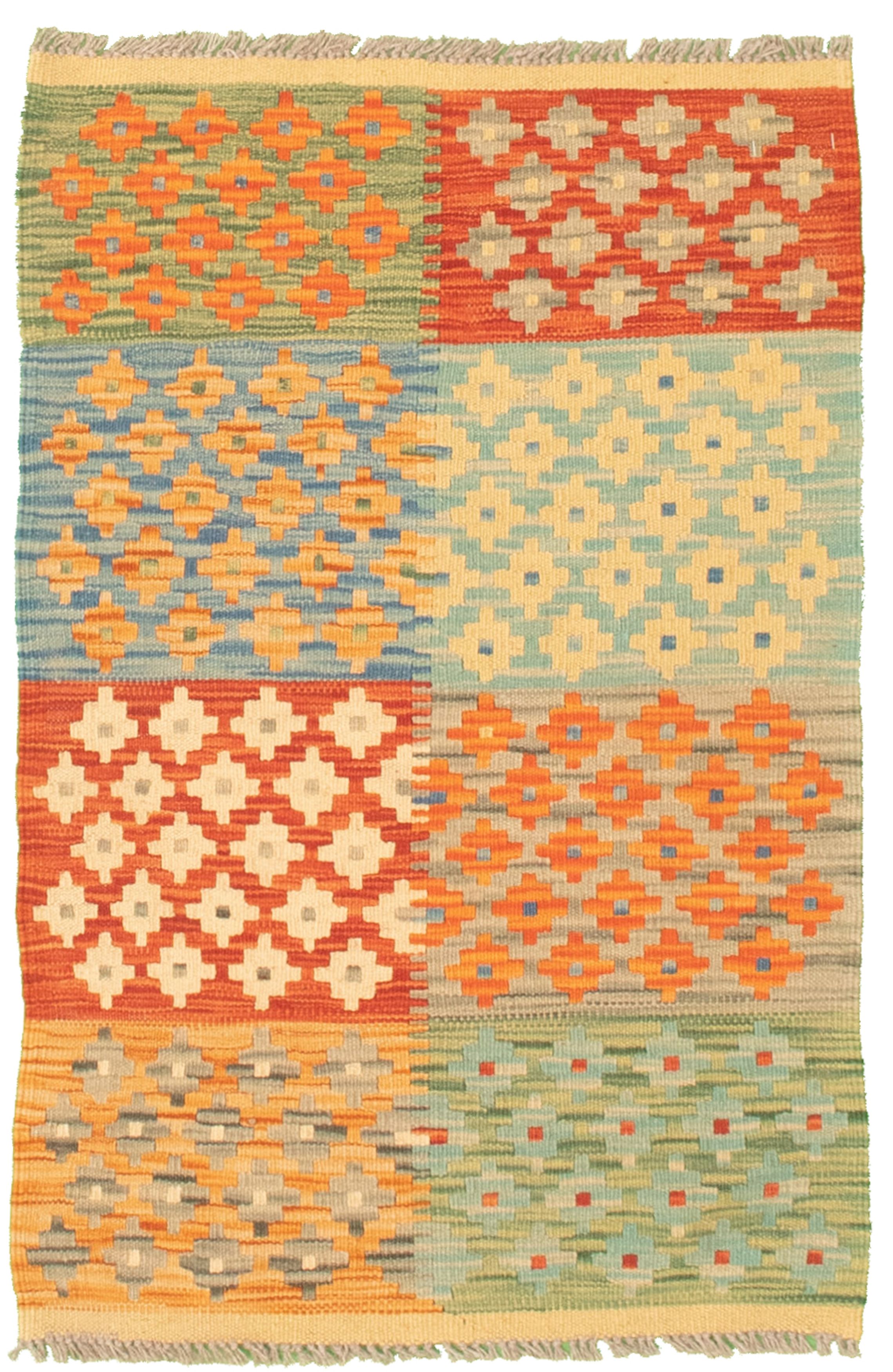 Hand woven Bold and Colorful  Cream, Red Cotton Kilim 2'1" x 3'3" Size: 2'1" x 3'3"  