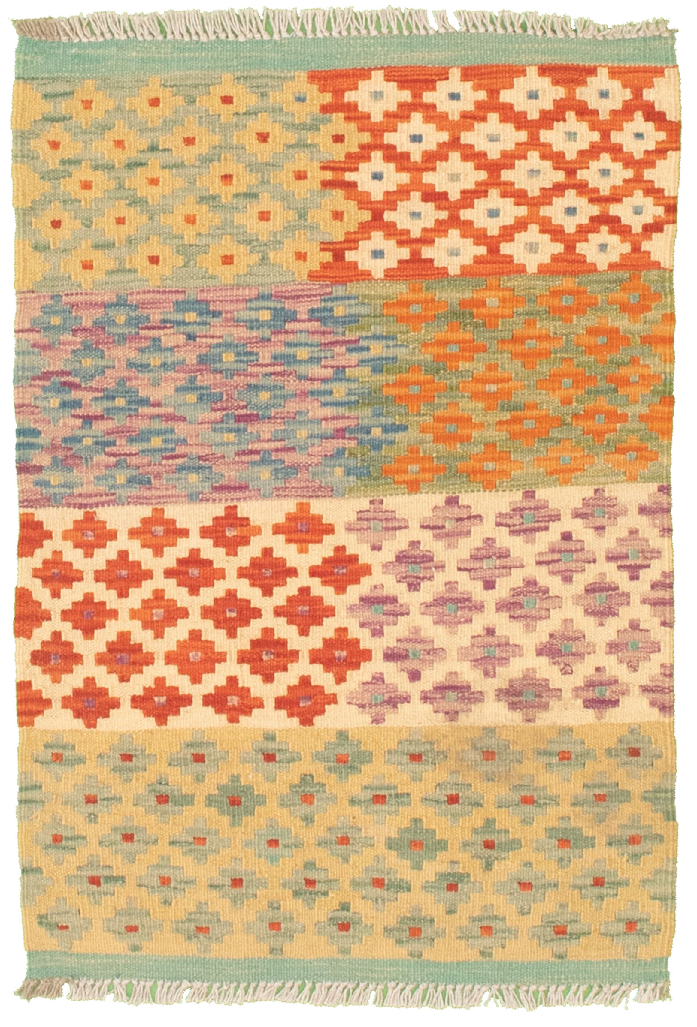 Hand woven Bold and Colorful  Cream Cotton Kilim 2'0" x 3'0" Size: 2'0" x 3'0"  