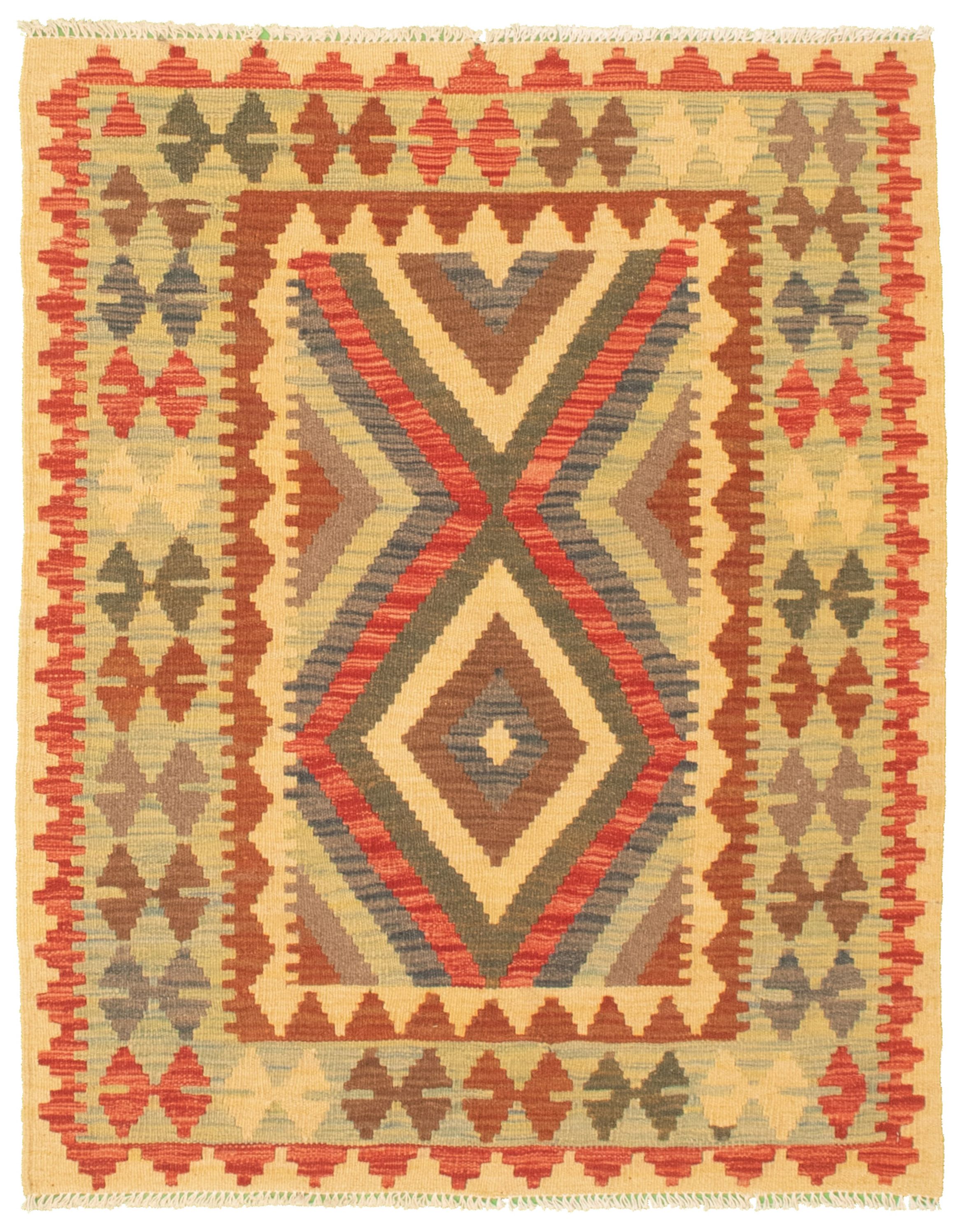 Hand woven Kashkoli FW Khaki, Red Cotton Kilim 3'1" x 3'10" Size: 3'1" x 3'10"  