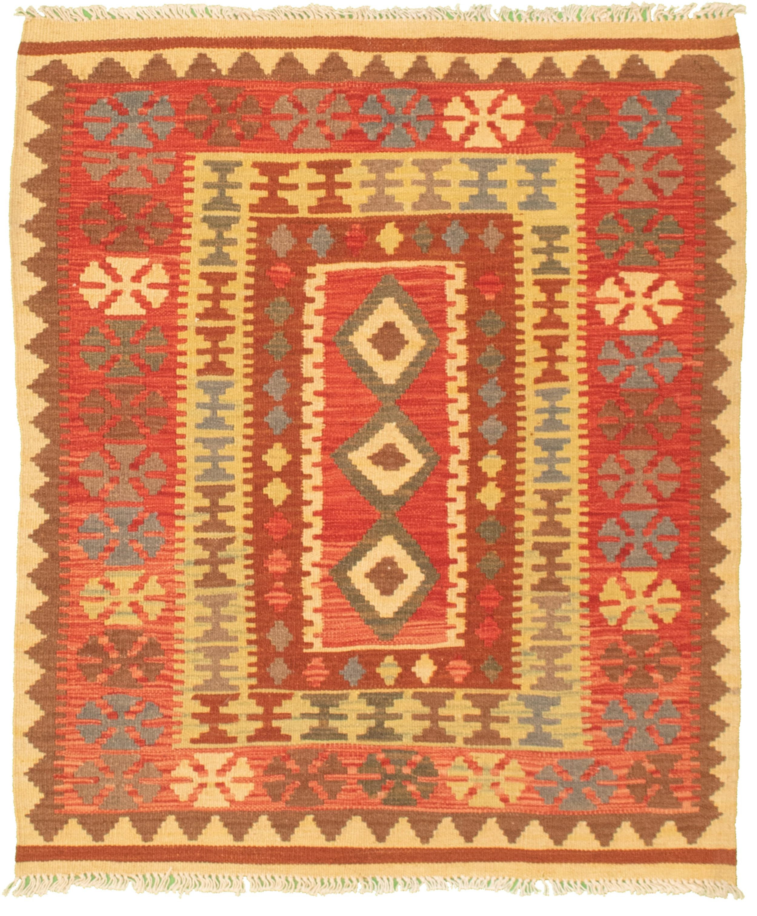 Hand woven Kashkoli FW Dark Brown, Red Cotton Kilim 3'3" x 3'11" Size: 3'3" x 3'11"  