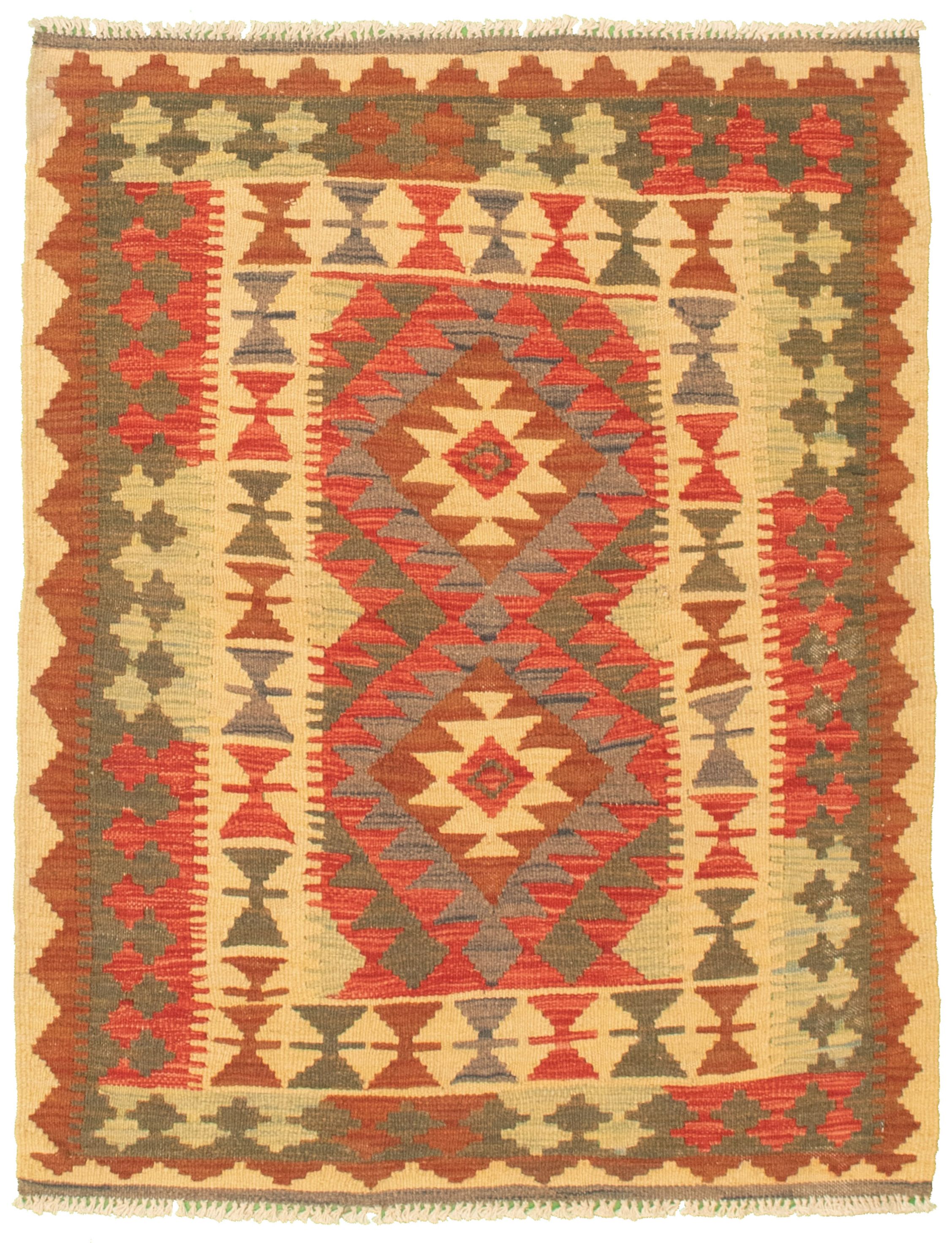 Hand woven Kashkoli FW Ivory, Red Cotton Kilim 3'3" x 3'10"  Size: 3'3" x 3'10"  