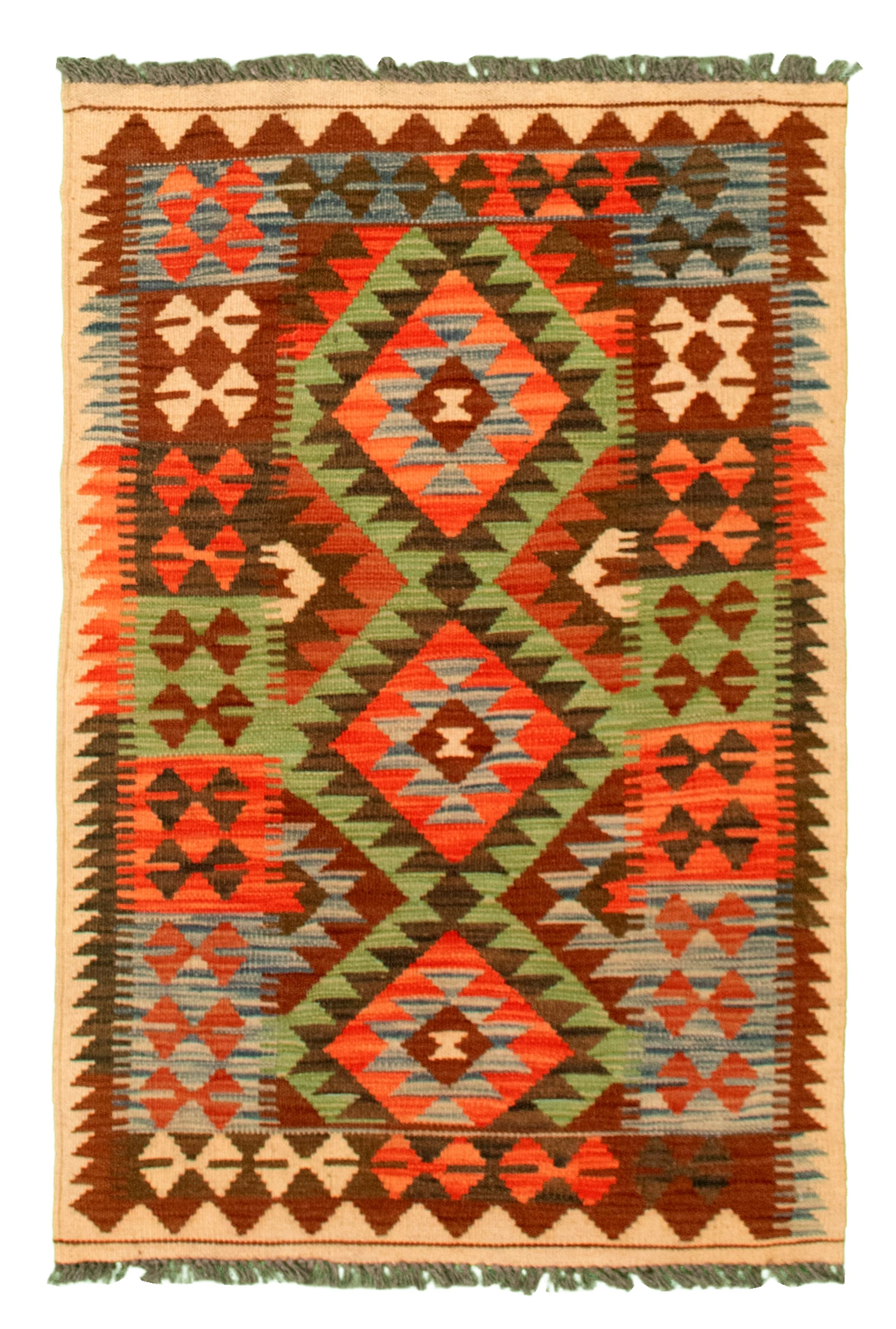 Hand woven Kashkoli FW Green, Light Red Cotton Kilim 2'8" x 4'2" Size: 2'8" x 4'2"  