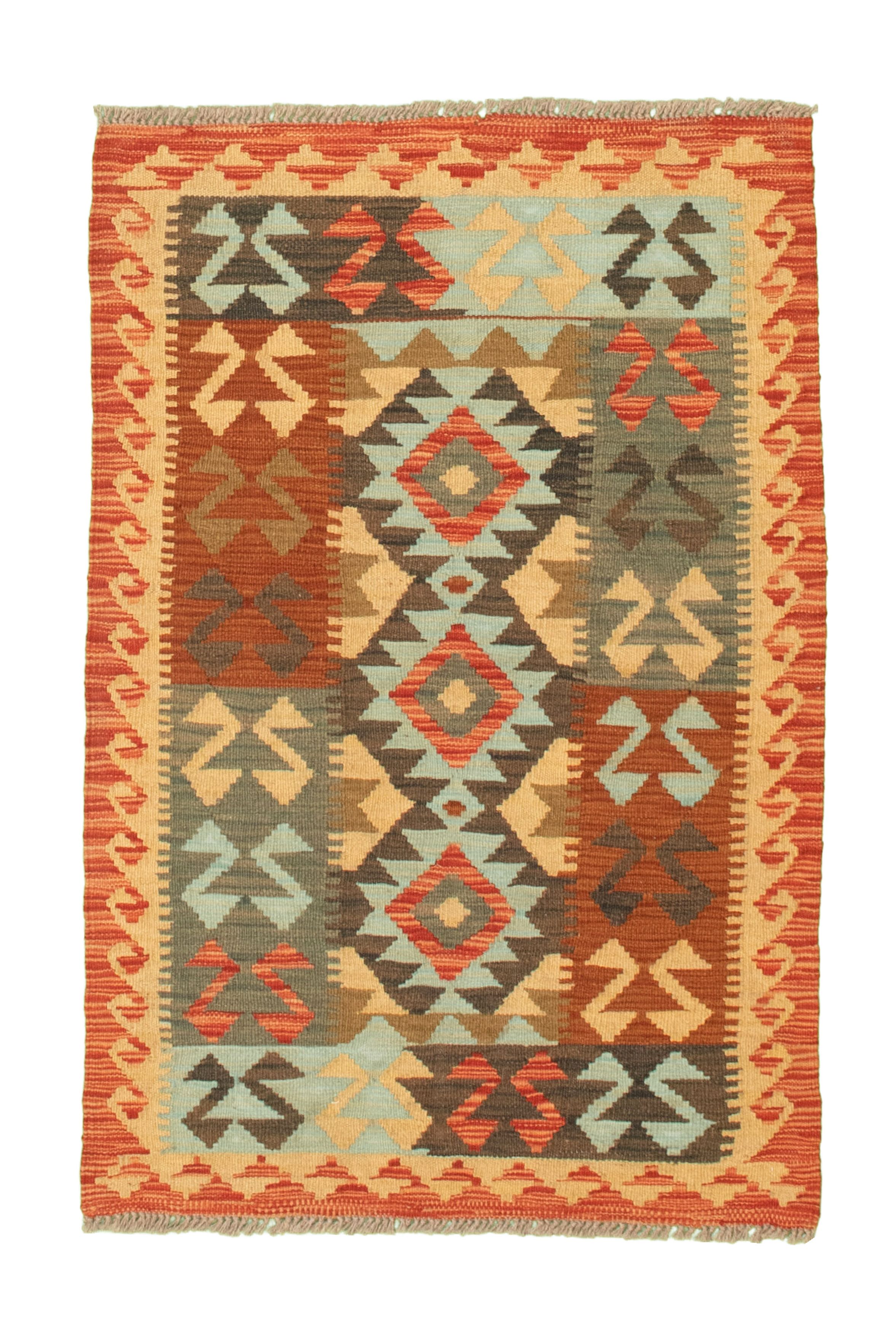 Hand woven Kashkoli FW Brown, Copper, Ivory, Turquoise Cotton Kilim 2'8" x 4'1" Size: 2'8" x 4'1"  