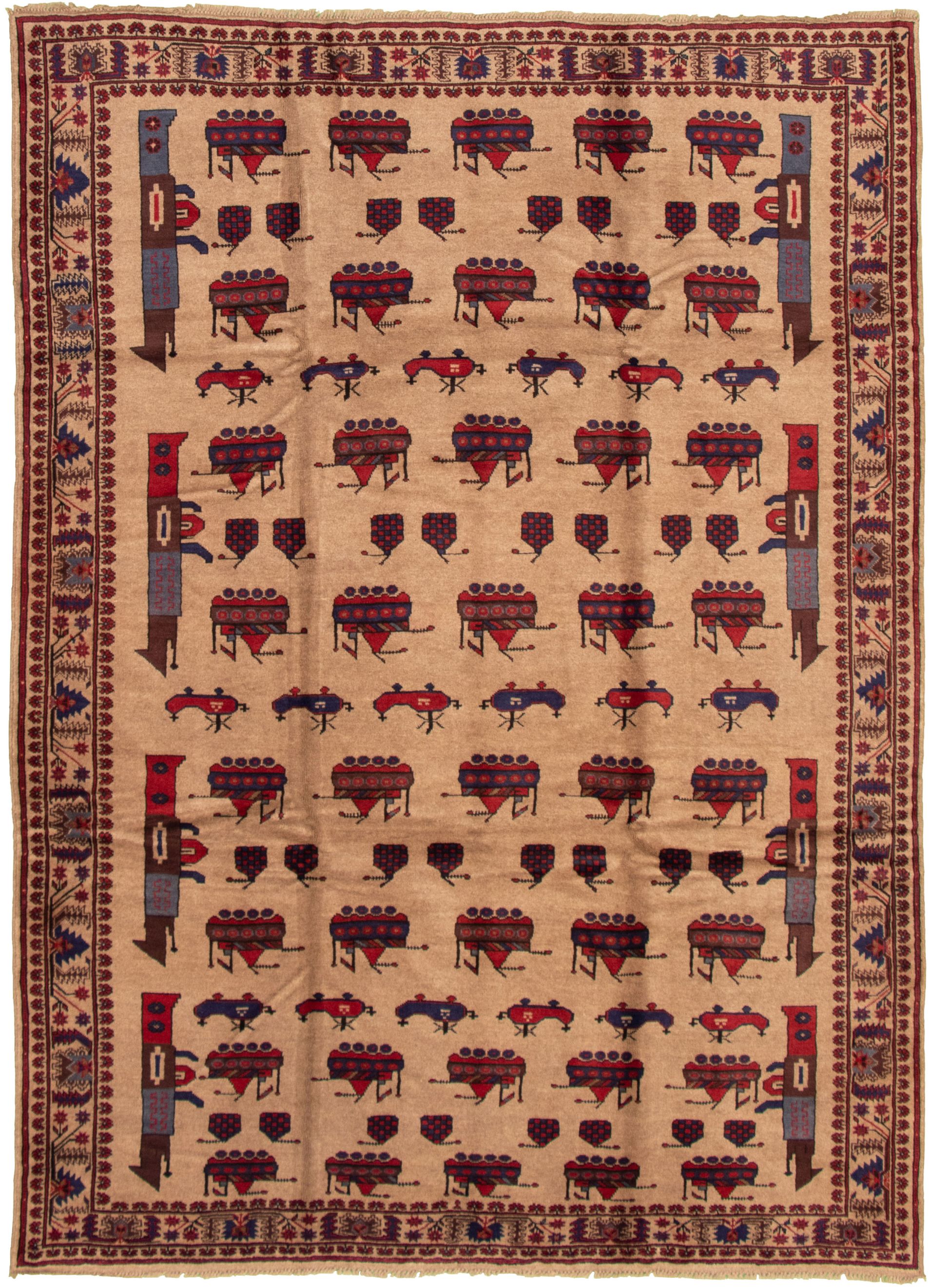 Hand-knotted Rare War Tan Wool Rug 6'7" x 9'5"  Size: 6'7" x 9'5"  
