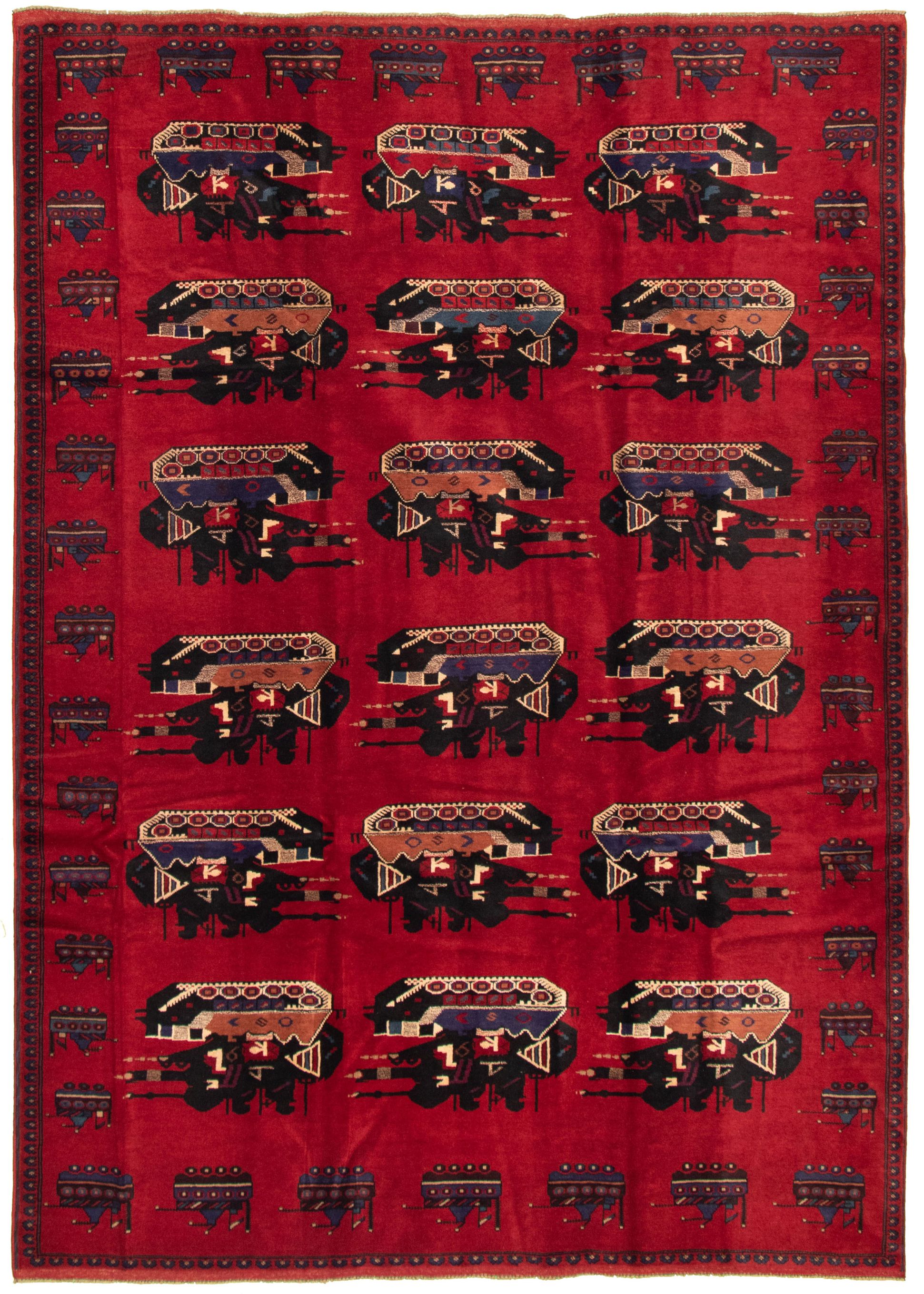 Hand-knotted Rare War Red Wool Rug 6'7" x 9'3" Size: 6'7" x 9'3"  