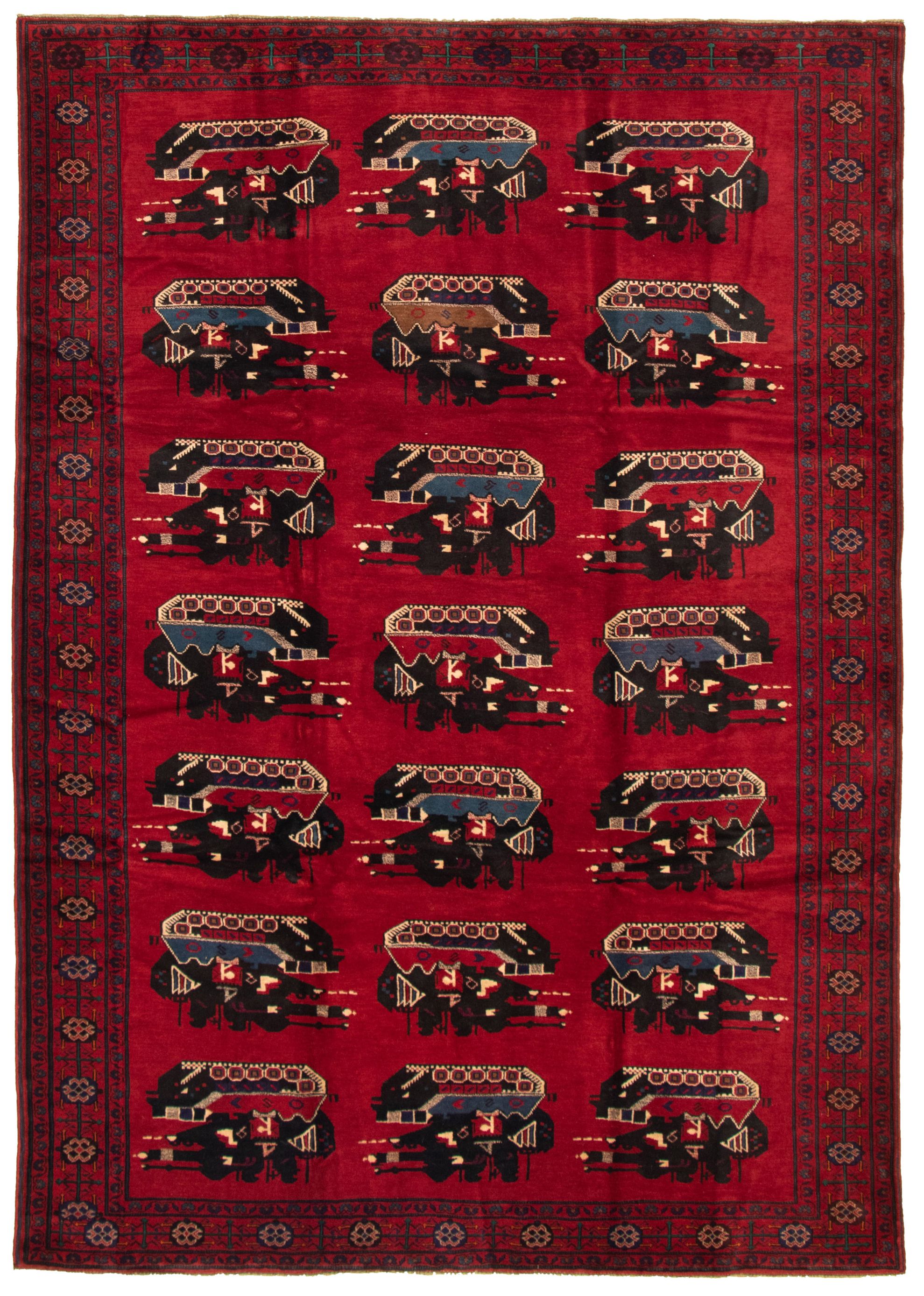Hand-knotted Rare War Dark Red Wool Rug 6'8" x 10'0" Size: 6'8" x 10'0"  